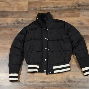 Fashion Nova Black Puffer Jacket with White Stripes